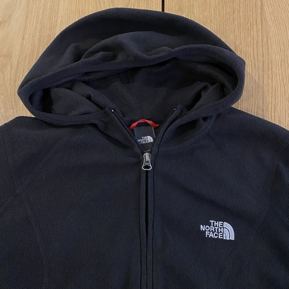 North Face full Zip Micro Fleece jacket womens large black Shell Hooded Logo - Picture 2 of 12
